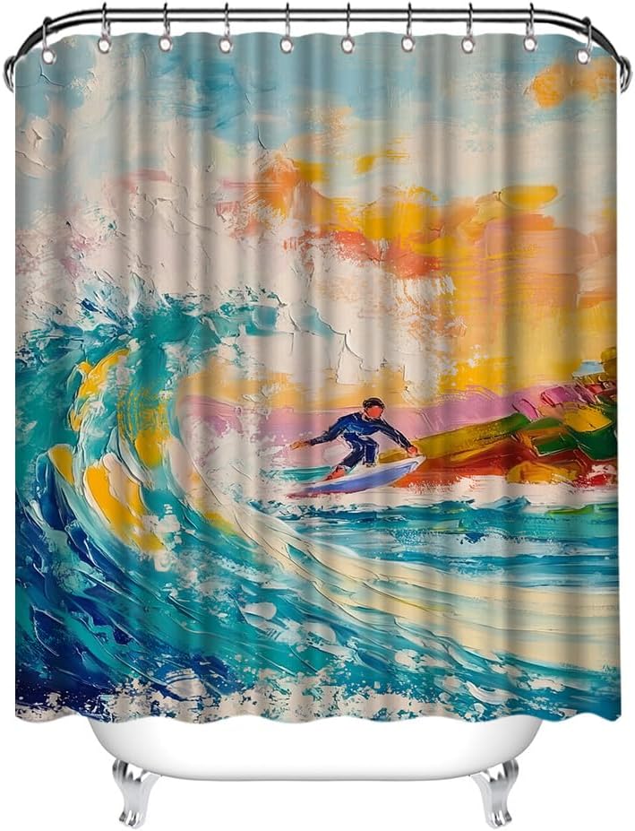 Surfing Shower Curtain 72X72 Ocean Wave Print Bathroom Decor for Boy
