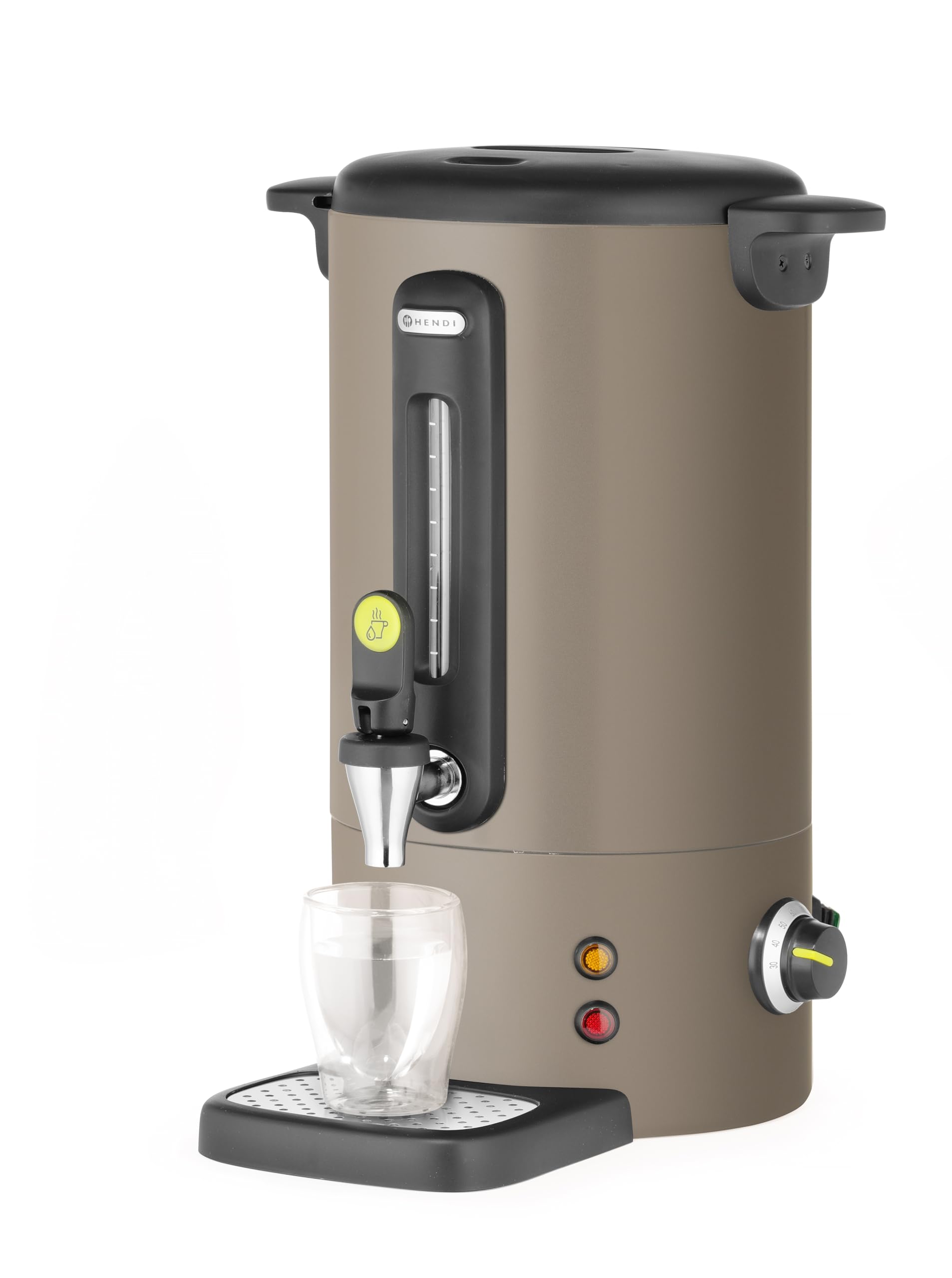 HENDI Bollitore per bevande calde 9L UNIQ, dispenser acqua calda con parete singola, per vin brulè e acqua bollente, fino a 100°C, 230V, 50/60Hz, 950W, 307x330x(H)450mm, grigio tortora, Inox, PP