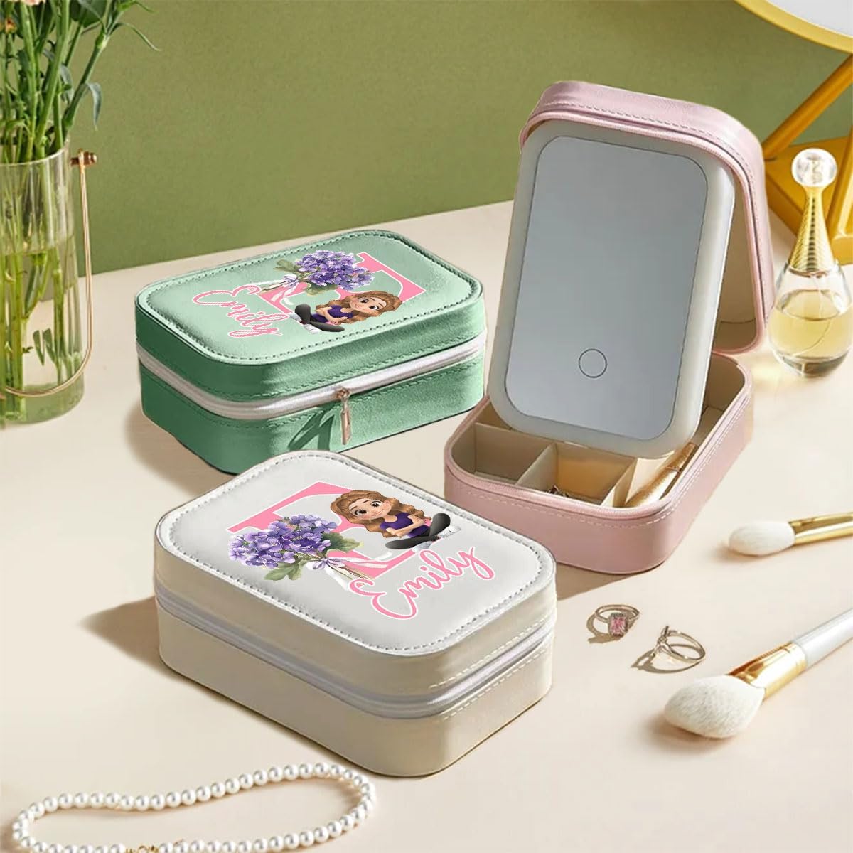 Wrappiness Women & Girls Floral Makeup Box With LED Mirror - Personalized Initial Letter and Birthmonth Flower Travel Comestic Case Gift for Daughters Sisters Friends Coworkers on Birthday Christmas
