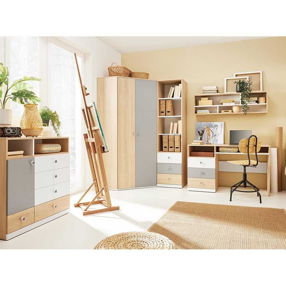 Lomadox Kommode Anrichte Kinderzimmer Jugendzimmer, Eiche mit weiß und grau