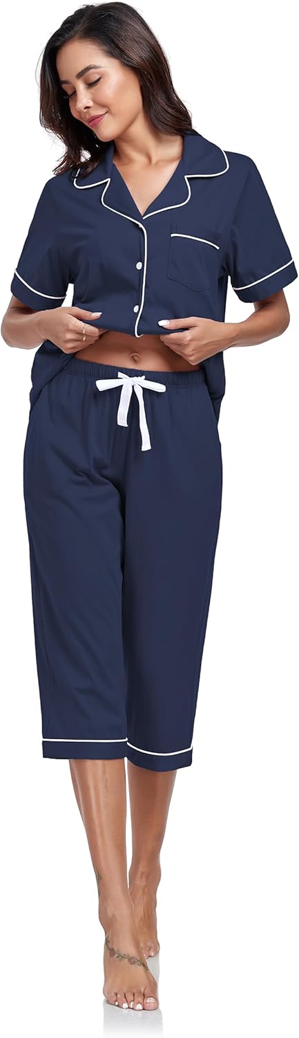 ANLIQI Womens 100% Cotton Capri Pajama Sets Short Sleeve Button Down Top & 3/4 Pants 2 Piece Pjs Sleepwear with Pockets - Image 7