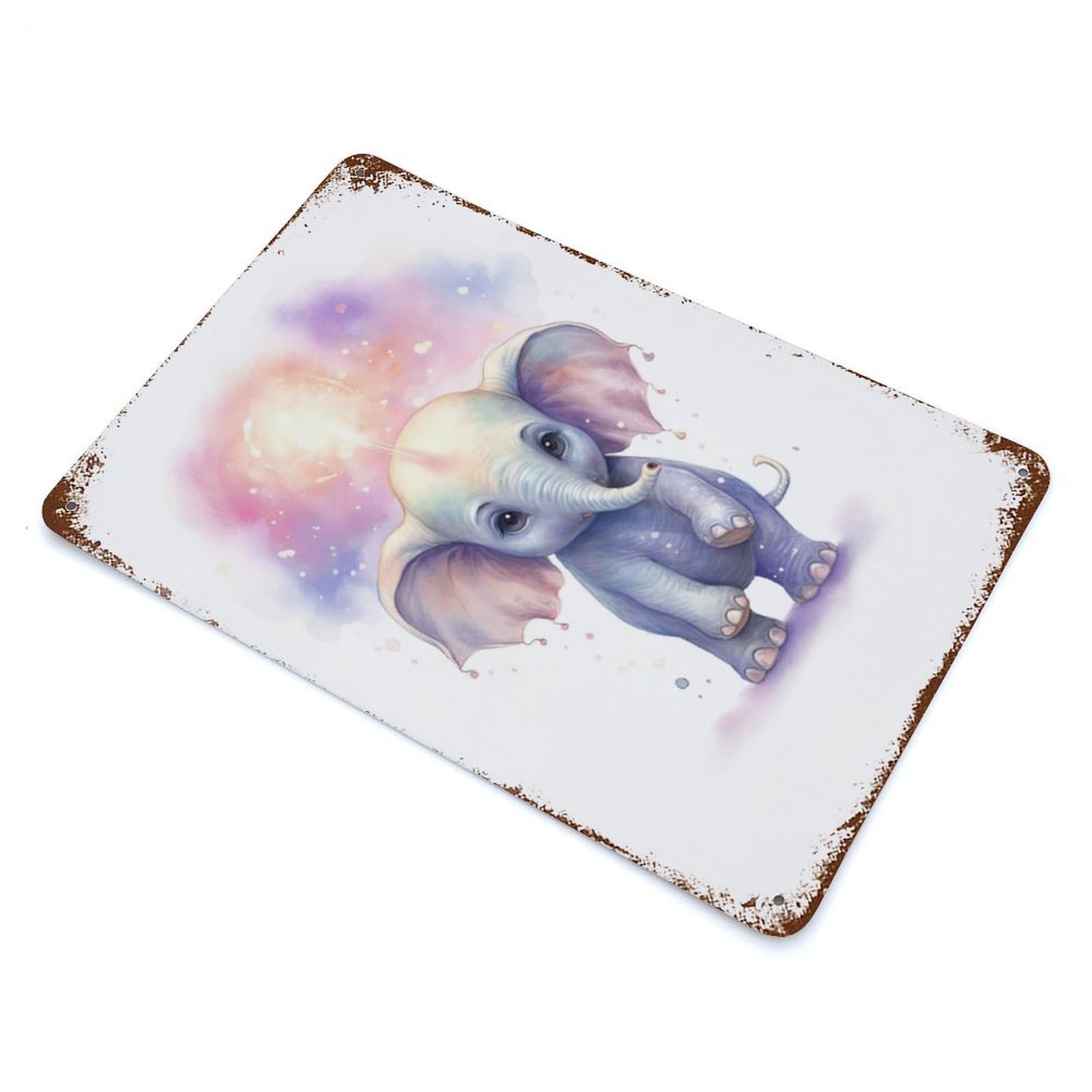 Garage Style Watercolor Baby Elephant Aged Metal Wall Plaque 11.8"x7.9", Farmhouse Wall Decor for Bar And Workshop