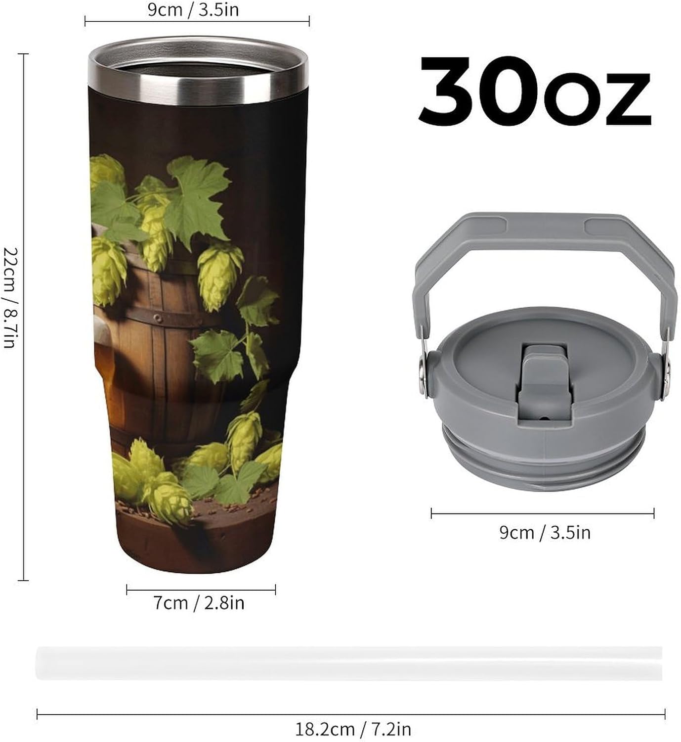 Beer And Hop Cones Water Bottle 30 Oz Fits Car Cup Holder,Insulated Coffee Mug Large Capacity Car Cups,Stainless Steel Double Wall Sport Bottle for Travel Sports Gym