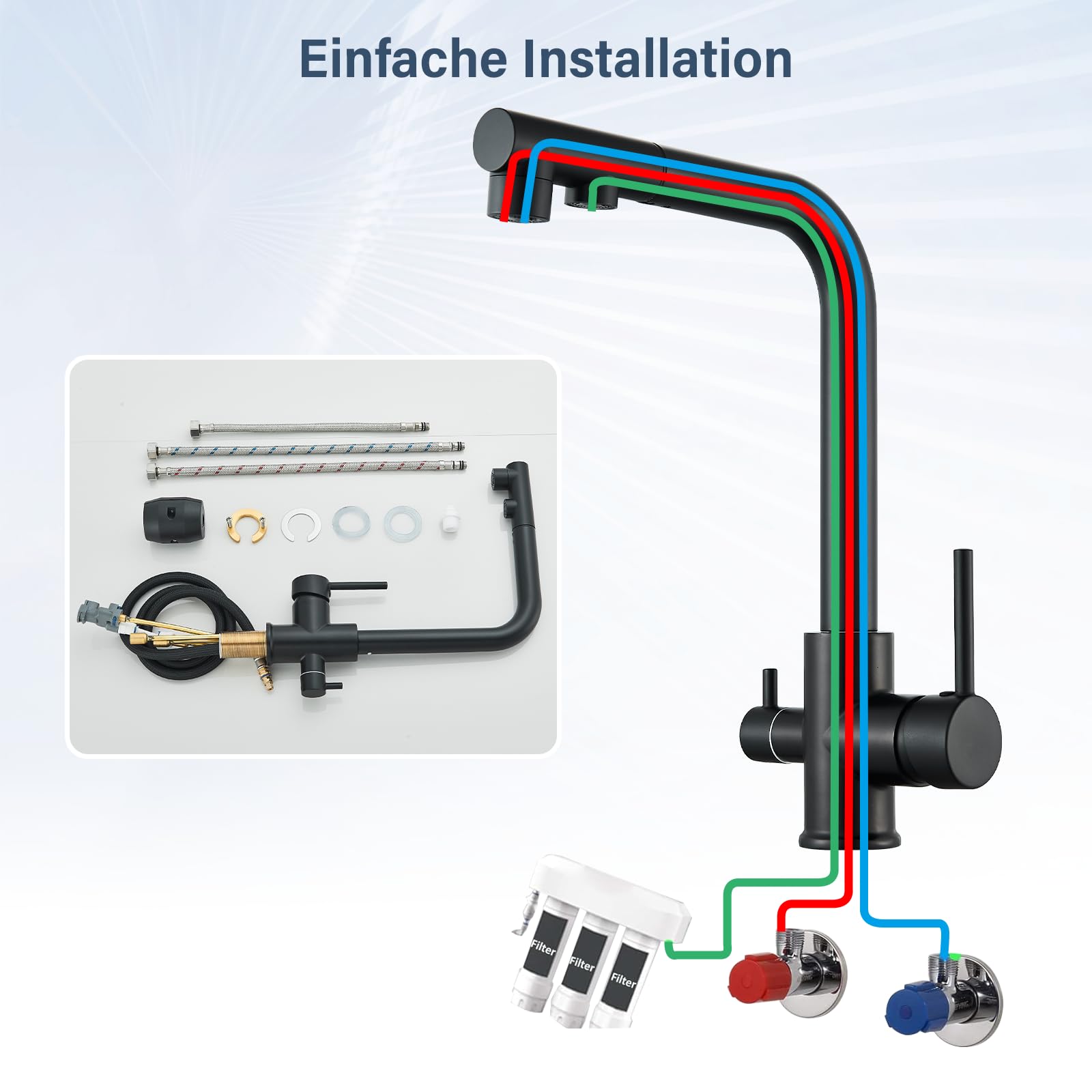 3 Wege Wasserhahn Küche Küchenarmatur 360° Schwarz Schwenkbar Ausziehbar Spültischarmatur 3 in 1 Mischbatterie Küche für Wasserfilter,Trinkwasserhahn mit 2 Hebel ABS Kunststoffdüse