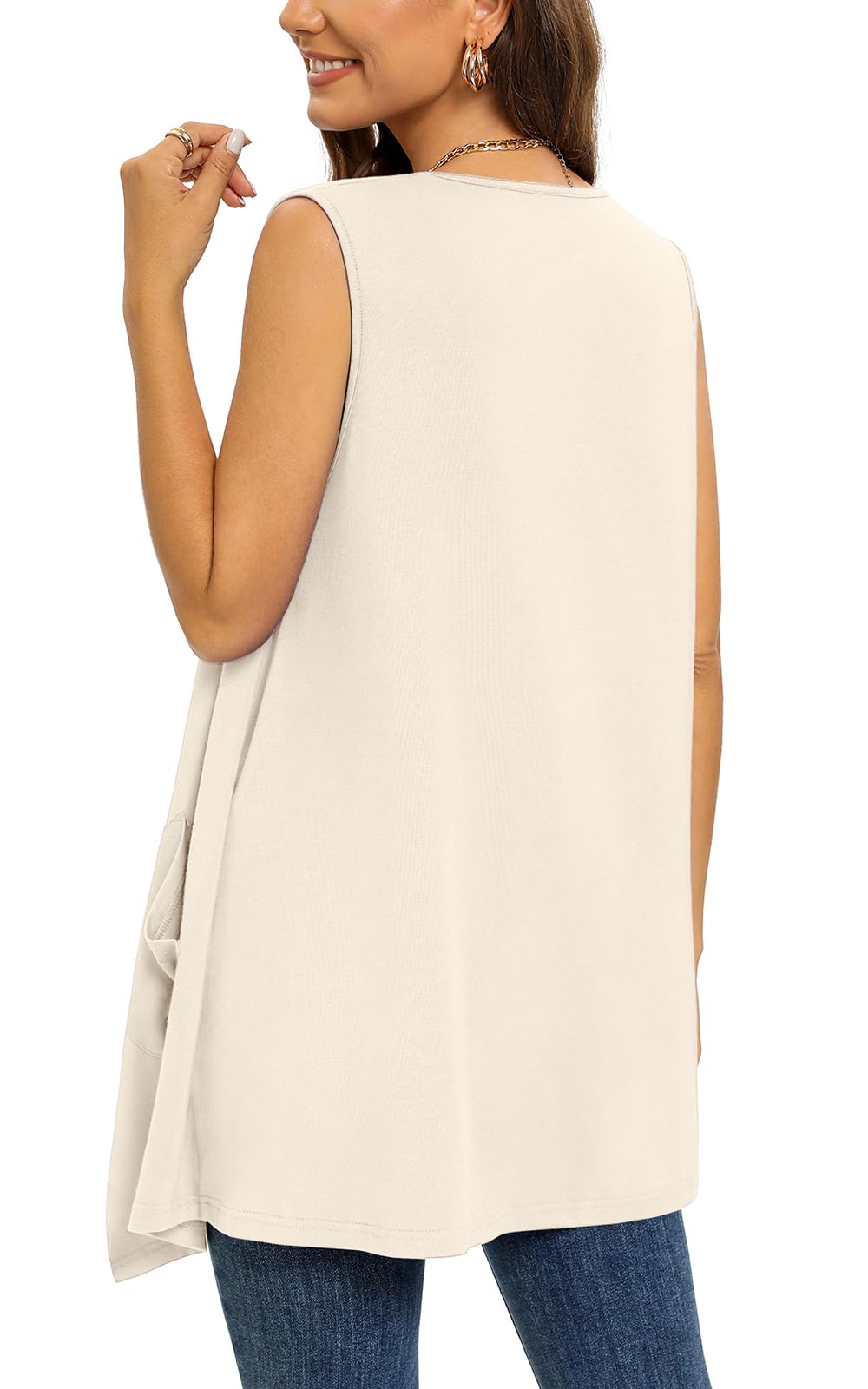 Cardigan alla moda, senza maniche, da donna, leggero, con tasche, casual, morbido e aperto, a maniche corte, a collo alto