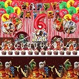 90Stück Ninj Geburtstag Deko Kinder 6 Jahre, Geburtstag Party Dekoration, Partygeschirr Set mit Happy Birthday Banner, Tischdecke, Tortenaufsätze, Geschirr und Luftballons