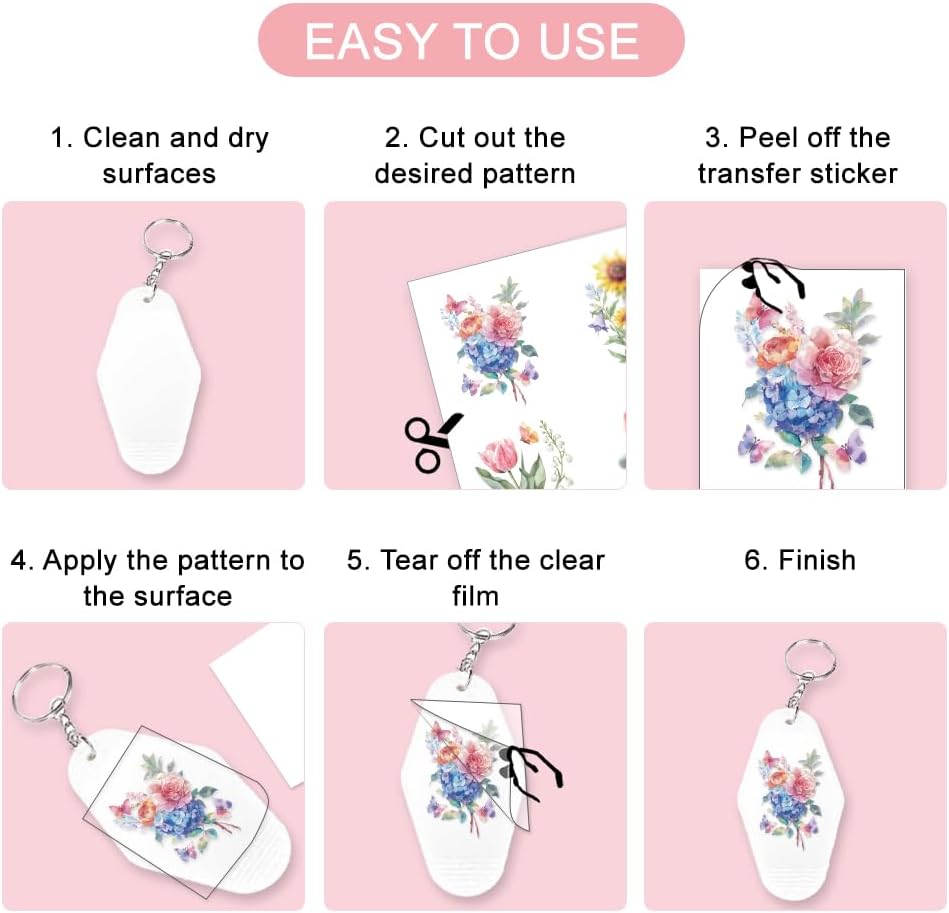 100 Pcs Flower UV DTF Transfer Stickers for Motel Keychain, Daisy Sunflower Butterfly Floral UV DTF Decals Plants UV DTF Transfer Stickers for Acrylic Hotel Keychain Card