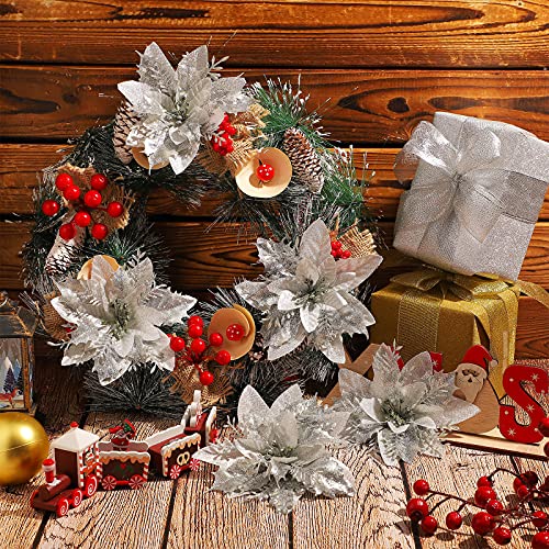 24 Pieces Christmas Glitter Poinsettia Flowers 5.5 Inch Artificial Christmas Flowers Xmas Artificial Glitter Flowers For Christmas Tree Ornament Party Decorations Wreath Garlands (Silver) #TOP4