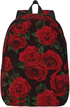 Red Rose Flower Green Leaves School Backpack for Girls Boys Women Lightweight Canvas Bookbag Casual Laptop Daypack for Travel Outdoor Camping, 15 Inch