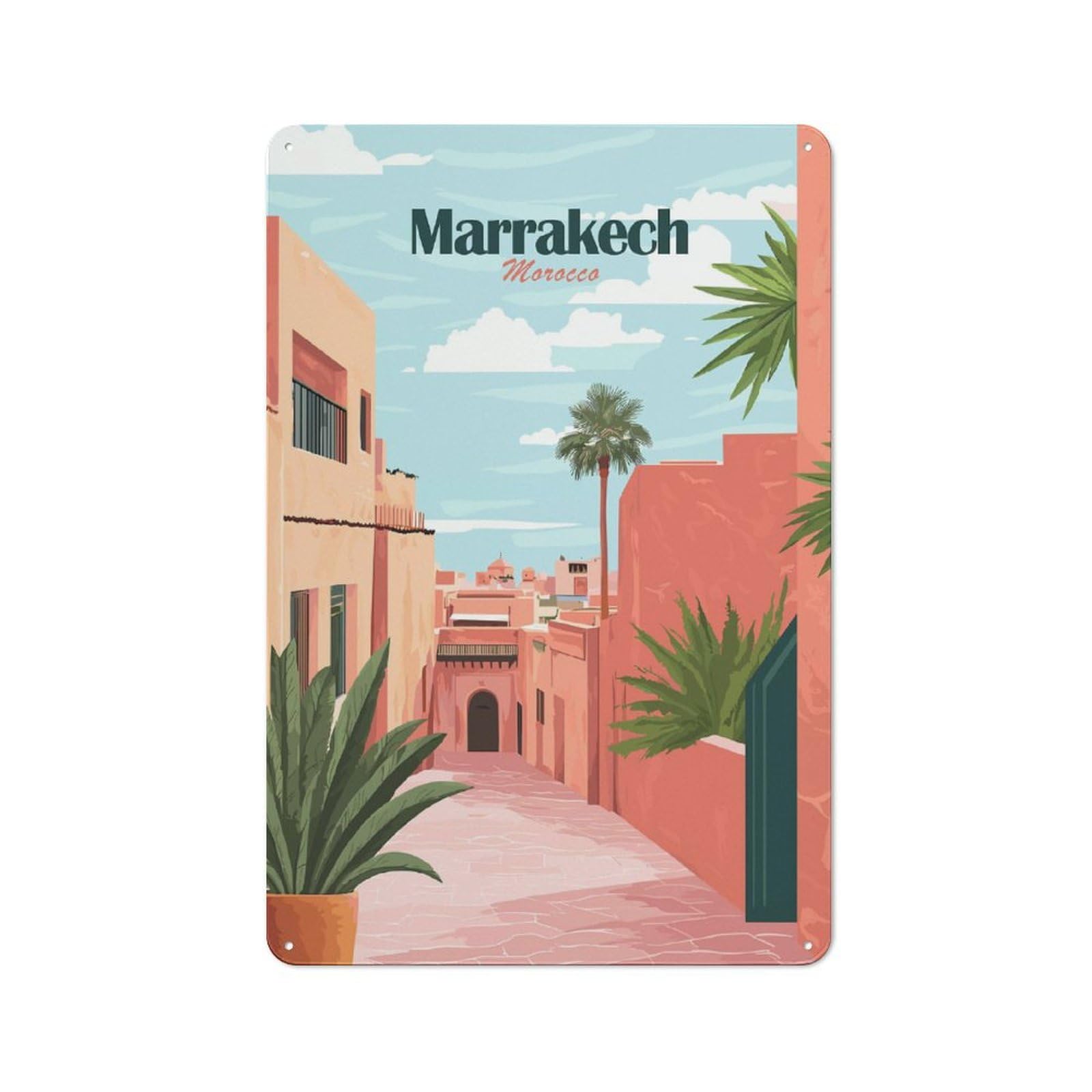 Junmoney Style-19 Marrakech Cityscape Decorative Metal Sign 30X20cm, Country Style Bistro Wall Plaque For Kitchen, Cafe, Pantry Or Dining Room