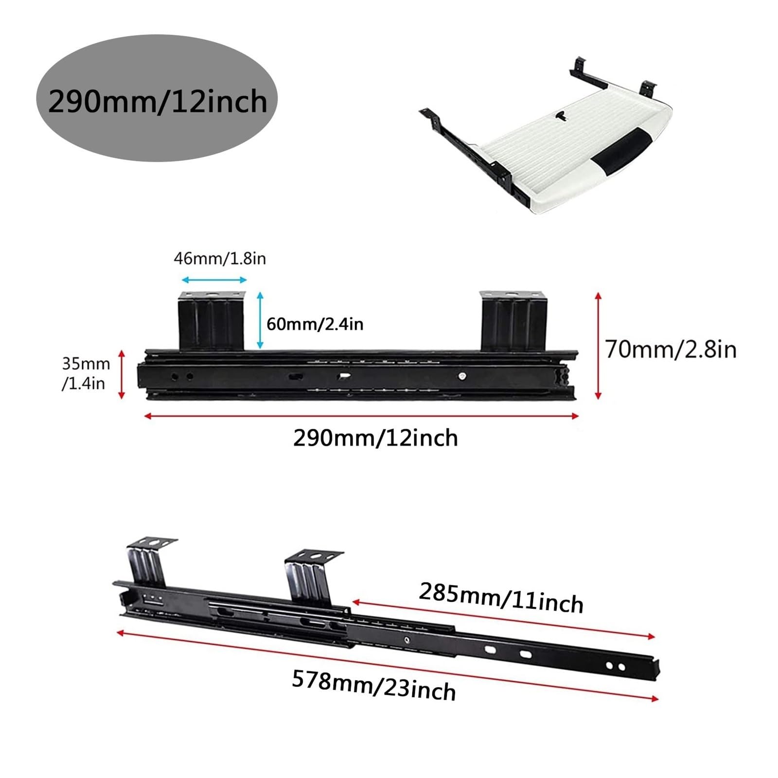 Generic Drawer Slides Keyboard Shelf 1 Pair? 10inch/12inch Under Desk Sliding Keyboard Tray Rails 3 Fold Extension Drawer Slides Support 45kg Black (Size : 290mm/12inch), ERFOECCOH-290MM/12INCH