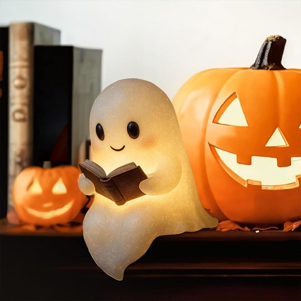 Gruselige Tischlampe Halloween LED Nachtlicht mit süßen Geistern Schlafzimmer Lesen süße Geister Leselampe Harz Schreibtischlicht, 15 * 11.5 * 21 cm