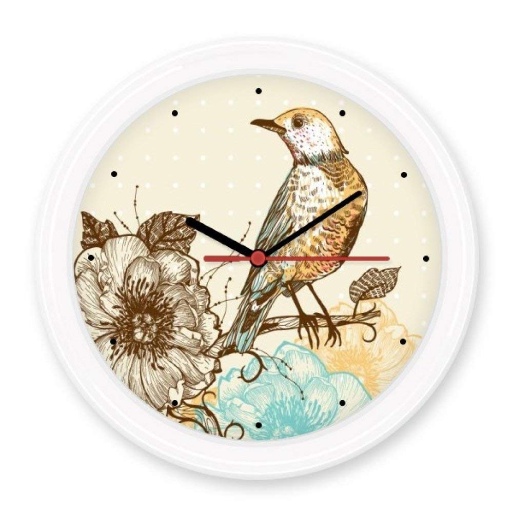 Horloge murale cadeau déco ronde motif oiseaux et fleurs bucoliques