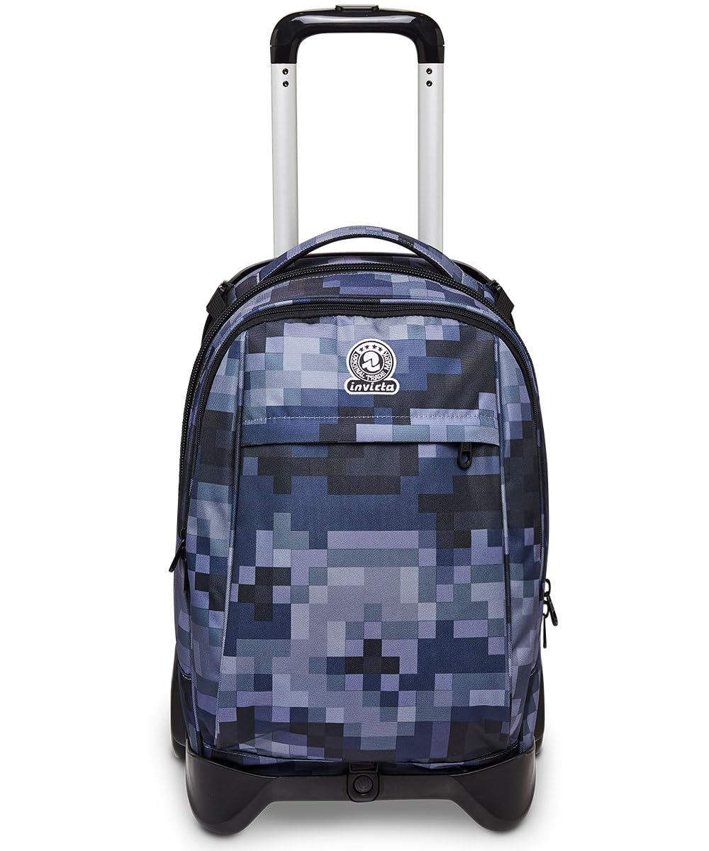 Invicta Trolley Scuola Sganciabile New Tech Fantasy, Blu, Pixel Camo Blue, 3 in 1, Triplo Uso, Zaino con Carrello Sganciabile e Tasca Porta PC, Zaini e Trolley, Scuola, Bambini e Ragazzi