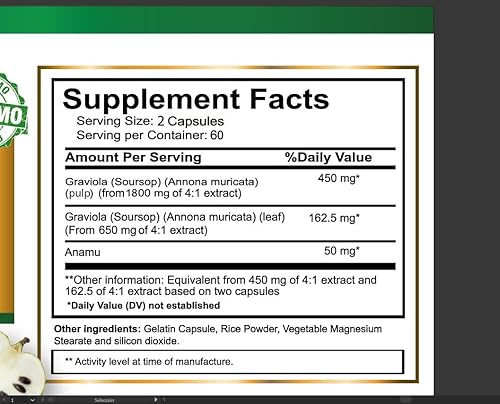 Miniatura 1 de Graviola Guanábana, suplemento dietético natural. Extracto de hoja y fruta 120 cápsulas antioxidantes, cápsulas de alta potencia fabricadas en los