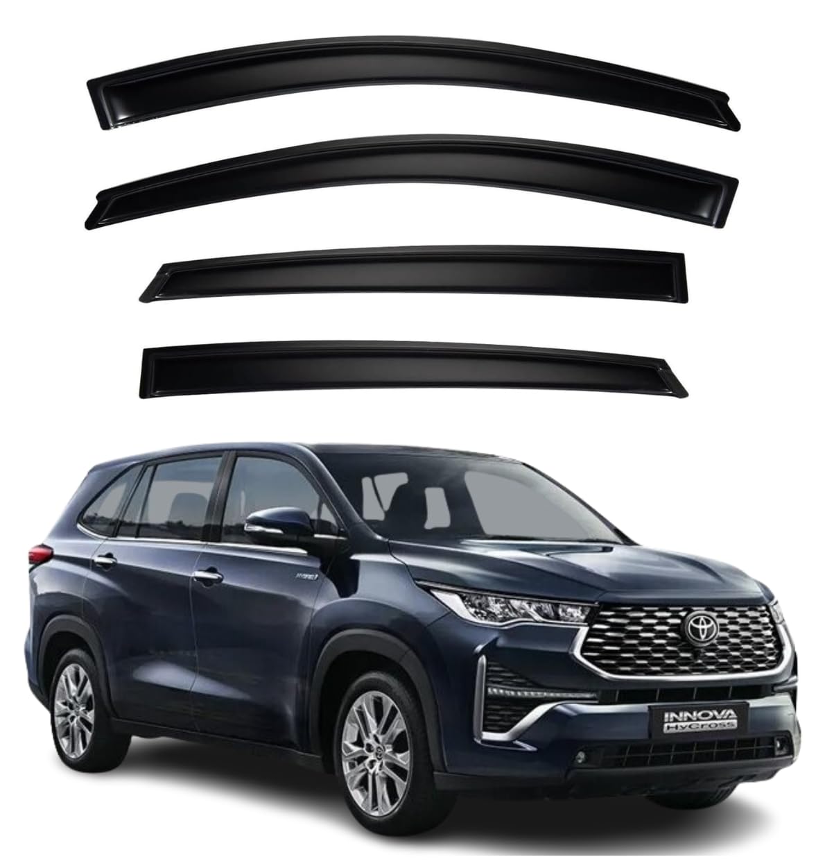 ShopClub Premium Smoke Car Door Visor Front+Rear Sun/Rain Guard Outside Mount Tape-On Window Visors Compatible with Toyo-ta Innova Hycross (2025)