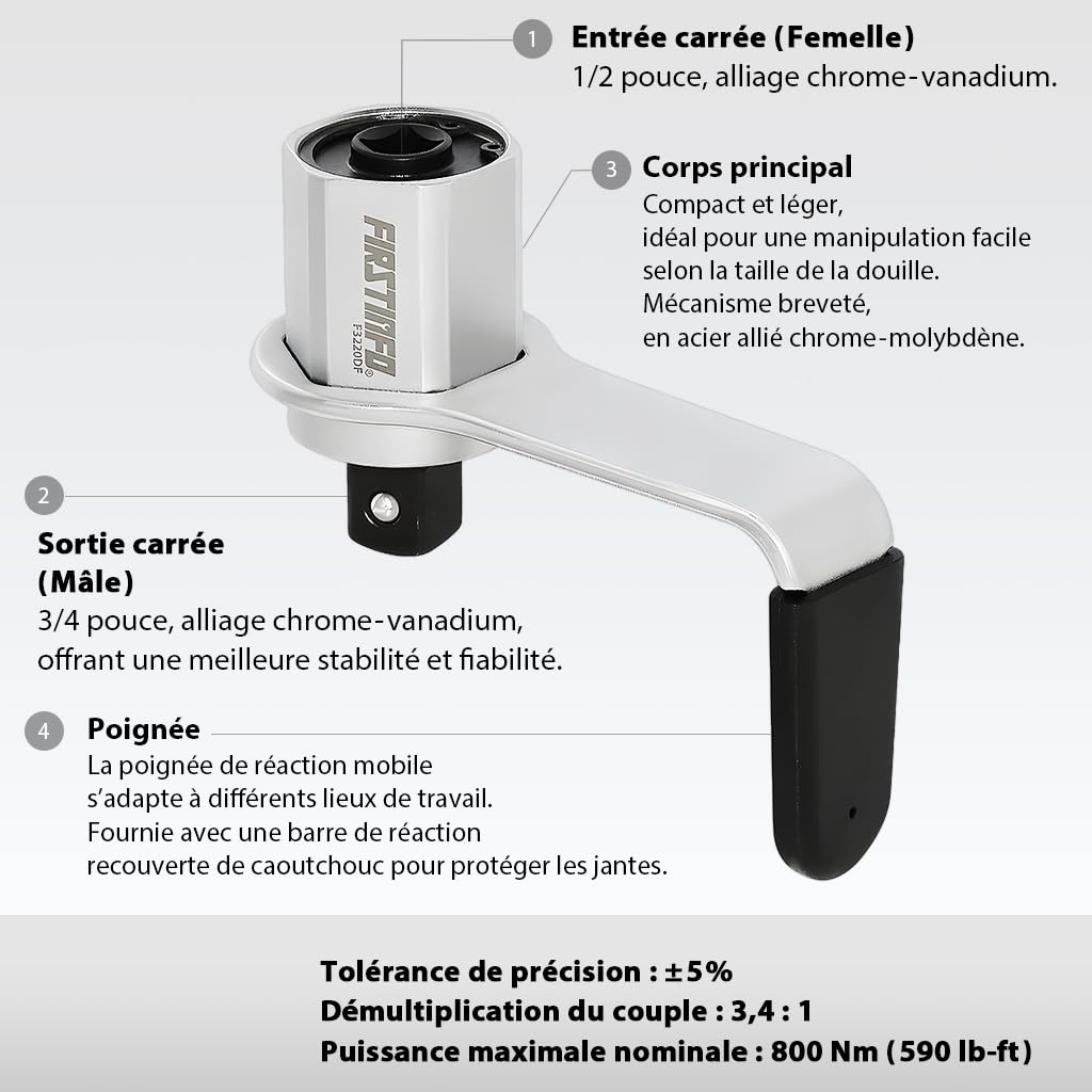 FIRSTINFO F3220DF | Multiplicateur de Couple Manuel 800 Nm 3,4:1 | Clé avec Adaptateur 1/2" Femelle vers 3/4" Mâle | Pour Écrous de Roue Auto