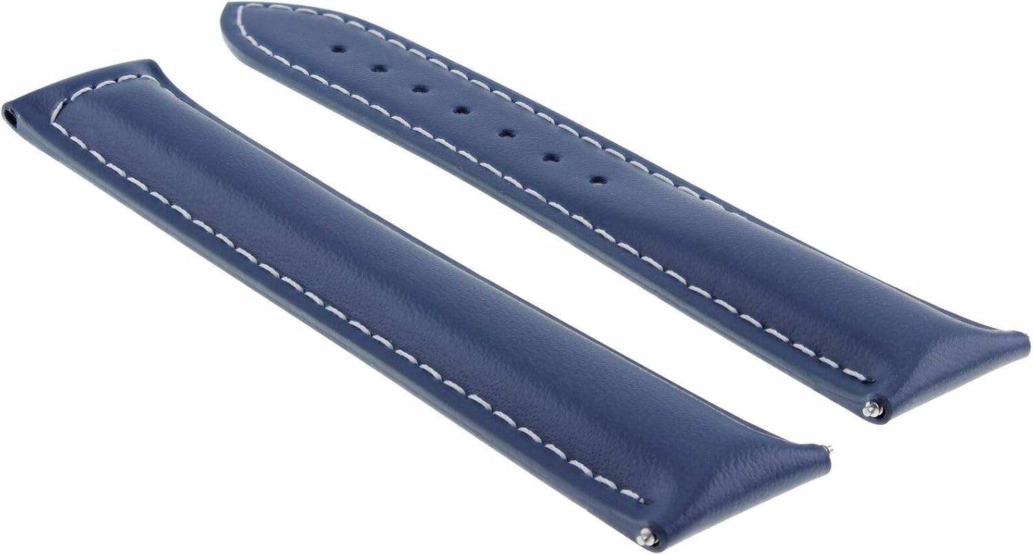 Ewatchparts 20mm Leather Watch Band Strap Smooth Clasp Compatible With Omega Seamaster Planet Blue With White Stitching