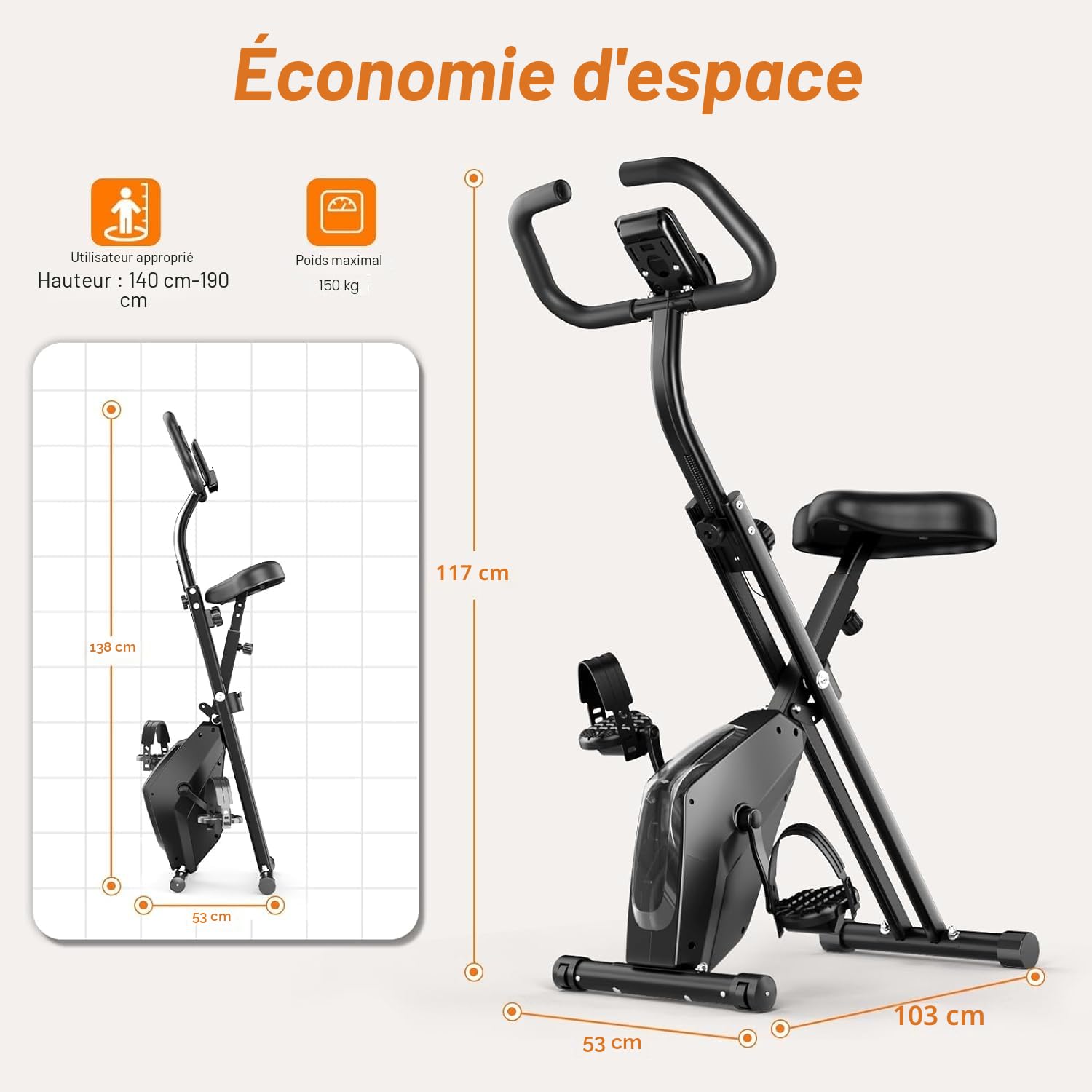 Dskeuzeew Vélo D’Appartement Pliable, Velo d Appartement avec Moniteur LCD et Mesure du Pouls Manuel, Vélo D'exercice Magnétique de Niveau 16 Avec Siège Confortable, Peu Encombrant
