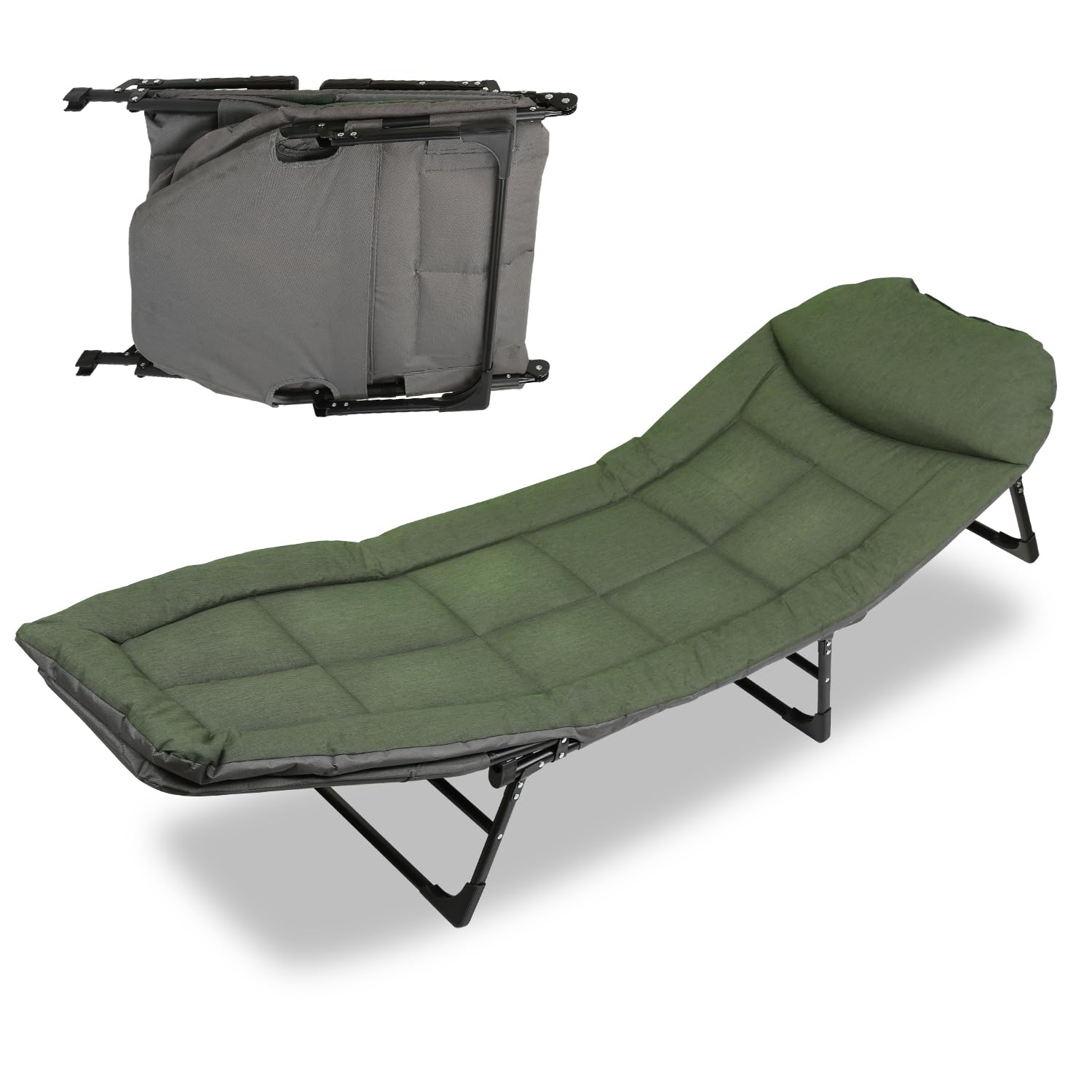 Karpfenliege zum Angeln 195 x 65 x 32 cm Faltbares Feldbett mit Tragetasche Bedchair bis 150kg belastbar Campingliege Gepolstert Gartenliege Campingbett Fischerliege Grün