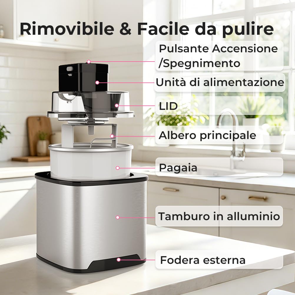 Gelatiera 2L Macchina Gelato Acciaio con Copertura Trasparente per la Visualizzazione, Paletta Gelato Speciale e Ricettario, per Fare il Gelato e lo Yogurt, Sorbetto