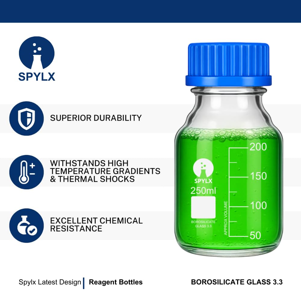 SPYLX 250ml Glass Reagent Bottles – Set of 2 with Leak-Proof GL-45 Screw Caps | Durable Borosilicate Storage for Lab Chemicals, Solvents, Oils, and Scientific Use 1