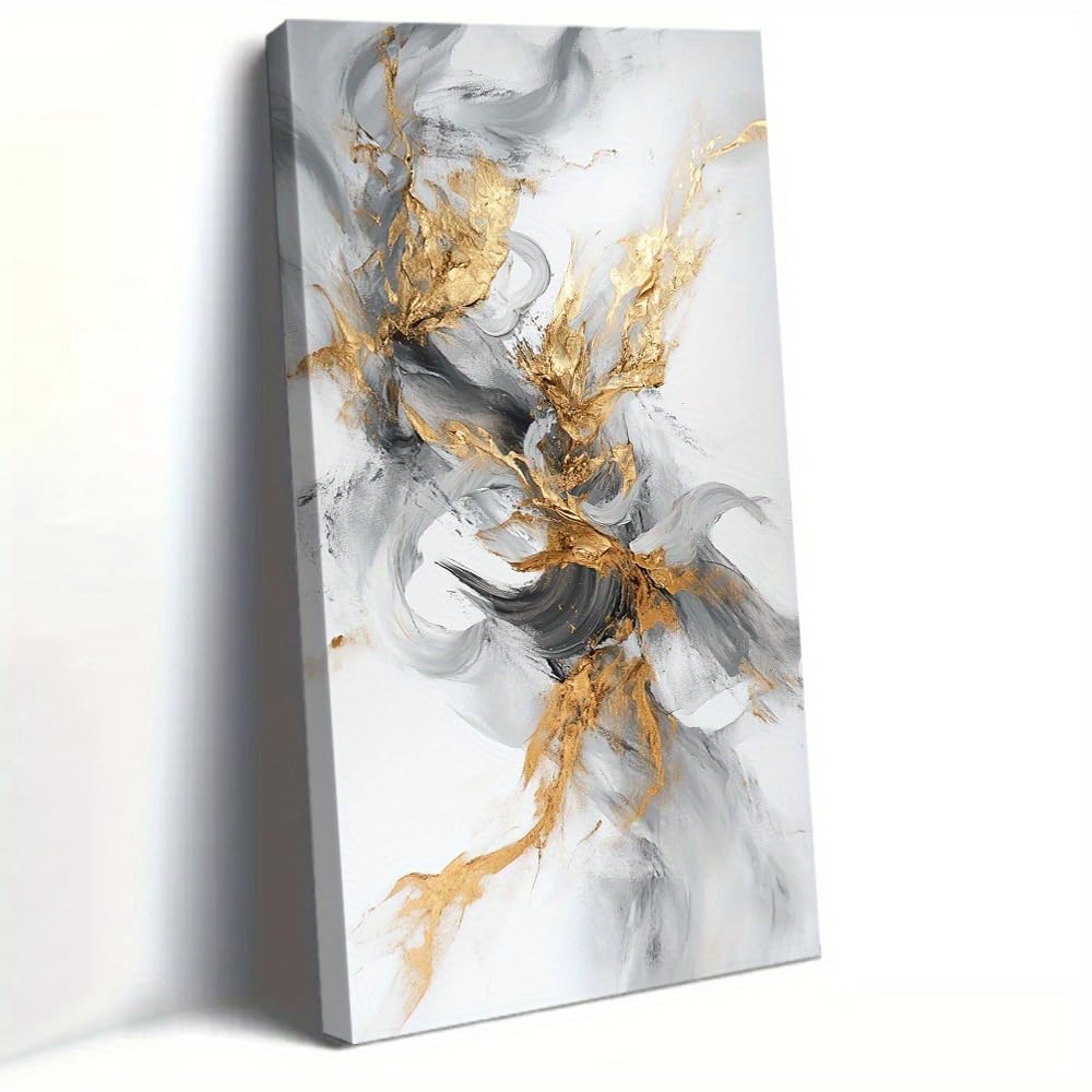 Uudezo With Frame Framed Abstract Golden Large Wall Art Flowing Lines Vertical Canvas Wall Art Print Modern Style Poster Artwork(20X40cm(8X16in)
