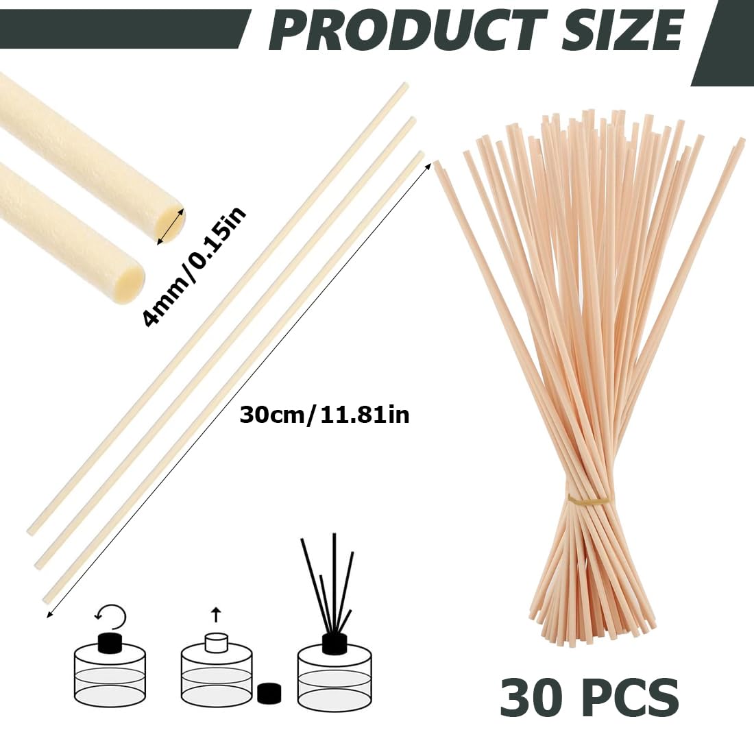 Set de difusor de Varillas 30 Piezas, Varillas difusoras de Fibra de ratán, aptas para hogares, oficinas, hoteles y spas (30 cm × 4 mm) (Color Madera Natural)