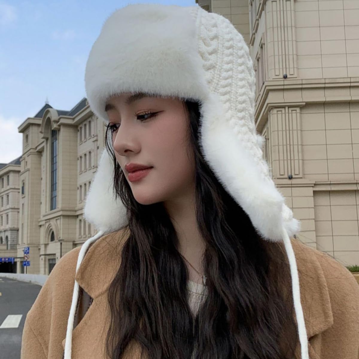 Queenbox Faux Fur Knitted Trapper Hat, Thick Fleece Lined Lei Feng Hat with Long Earflap Chin Strap for Winter Outdoor Sport, White