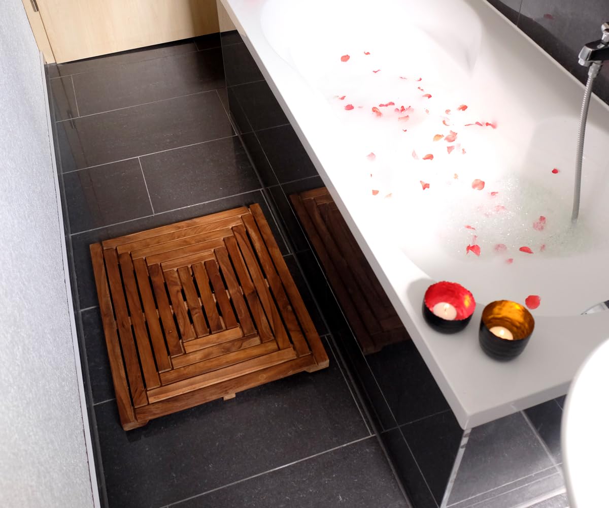 Design Wannenvorleger Teakholz Duschvorleger Quadratisch 50x50 Mehrzweck Duschmatte rutschfestGummi Füßen Holz Vorleger Teak Badematte (Variante 2, 50x50cm)