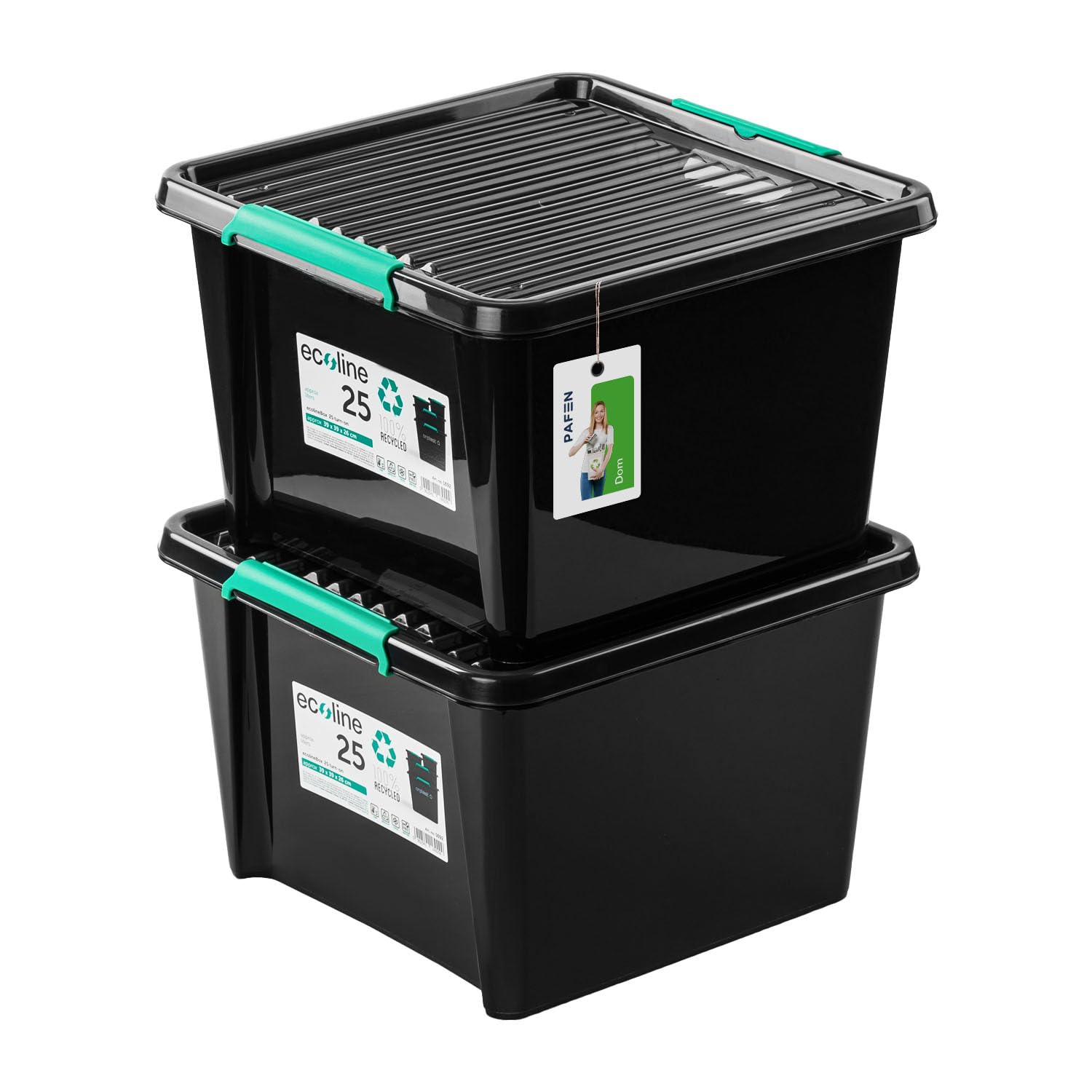 PAFEN 2x Pojemnik do Przechowywania z Pokrywą Eco Line 25l - 39,5x39,5x26cm – Pudełka z Plastiku, Organizery do Sztaplowania, Zamknięcie na Klips | Czarne