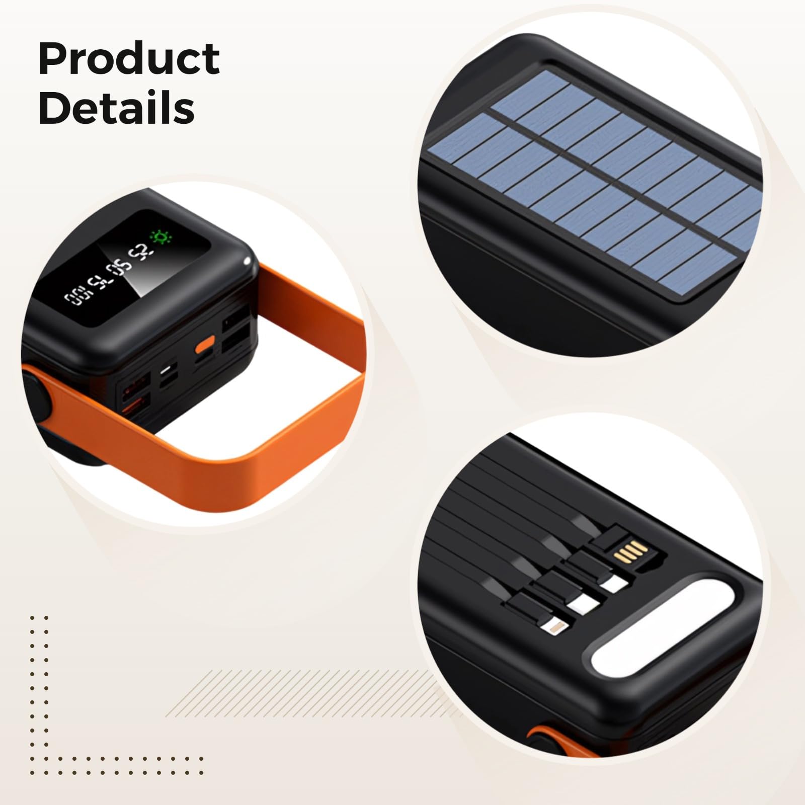 Power Bank portatile con cavo integrato, batteria solare da 60000 mAh, porte di ricarica multiple, luce a LED, ideale per avventure all'aria aperta