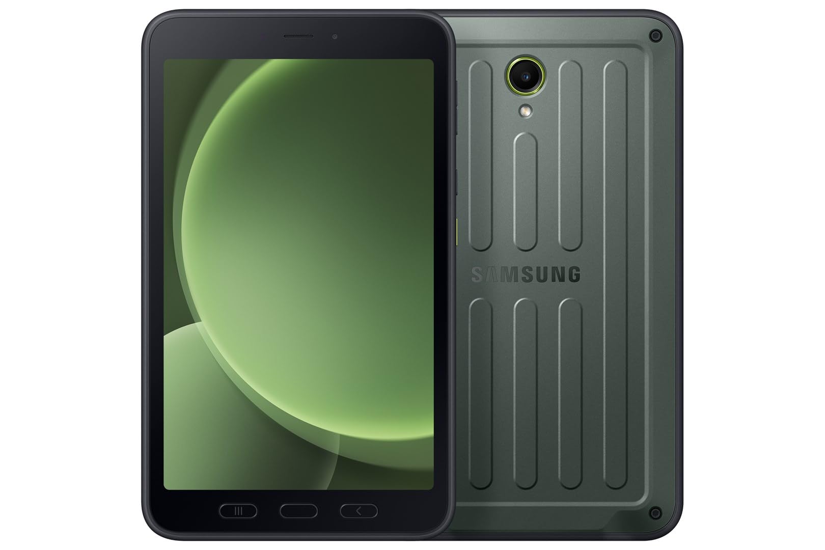 Ön view of the Samsung Galaxy Tab Active 5 tablet, displaying a green-themed wallpaper.