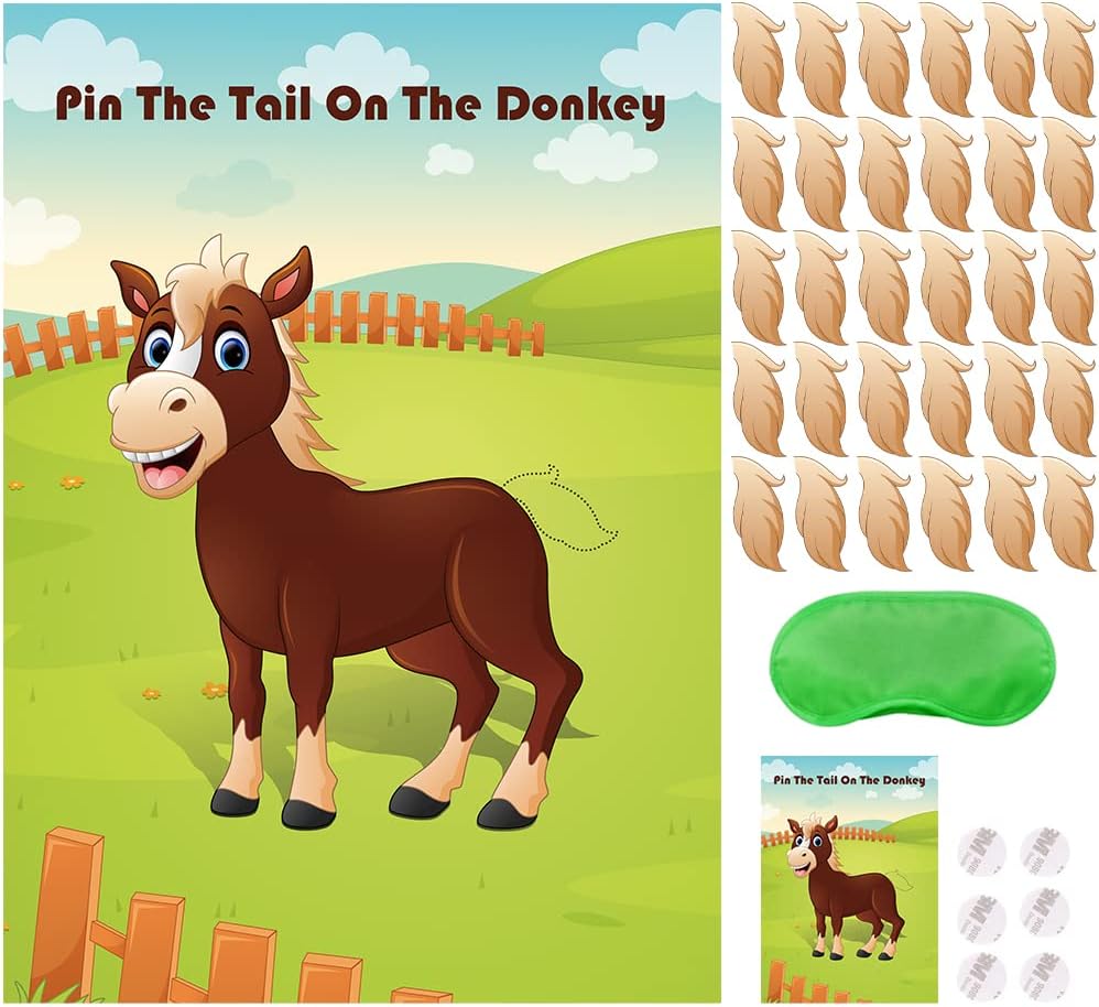 Pin The Tail On The Donkey Party Game for Kids Birthday Party Supplies Donkey Party Favors, Large Pin The Tail Games Poster with 30 Pcs Tails