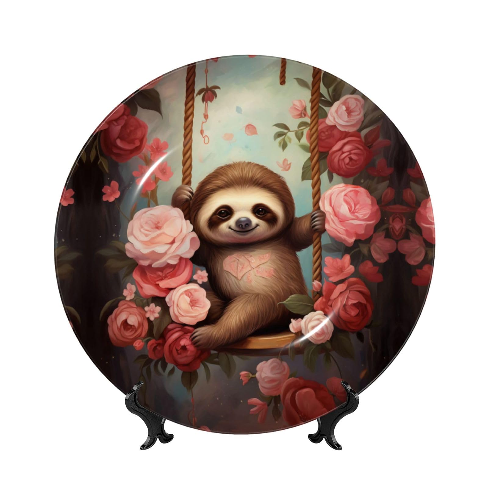 SXZVVBN Sloth sitting on a swing by the roses Bone China Decorative Plate Art with Stand Removable Adhesive Hanging for Home Office 7in