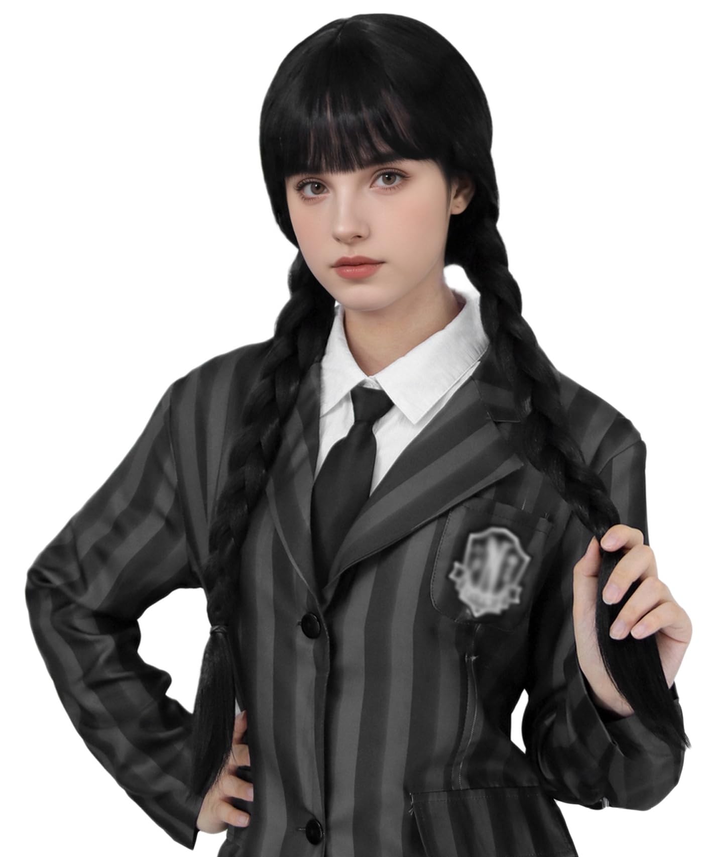 JZ025BK - Pelucas negras trenzadas para disfraz gótico para mujer, linda peluca negra suave con flequillo para disfraz de Halloween Cosplay 6