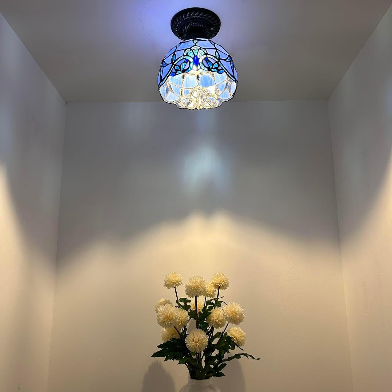 Tiffany Ceiling Lights Fixture Blue Stained Glass Baroque Style LED Bulb Included for Living Room Bedroom Kitchen 8”W*8”D*8”H