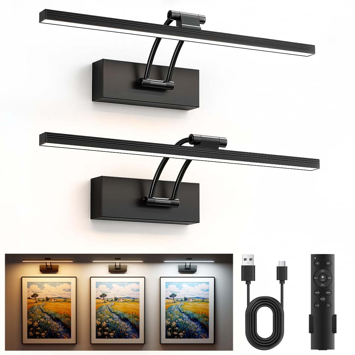 YITGOG Picture Light for Wall Operated Wall Lights Rechargeable, Wireless Picture Light with Remote Control,Magnetic Painting Light with Dimmable & 3 Color Change for Frame Mirror (Black-2Pack)