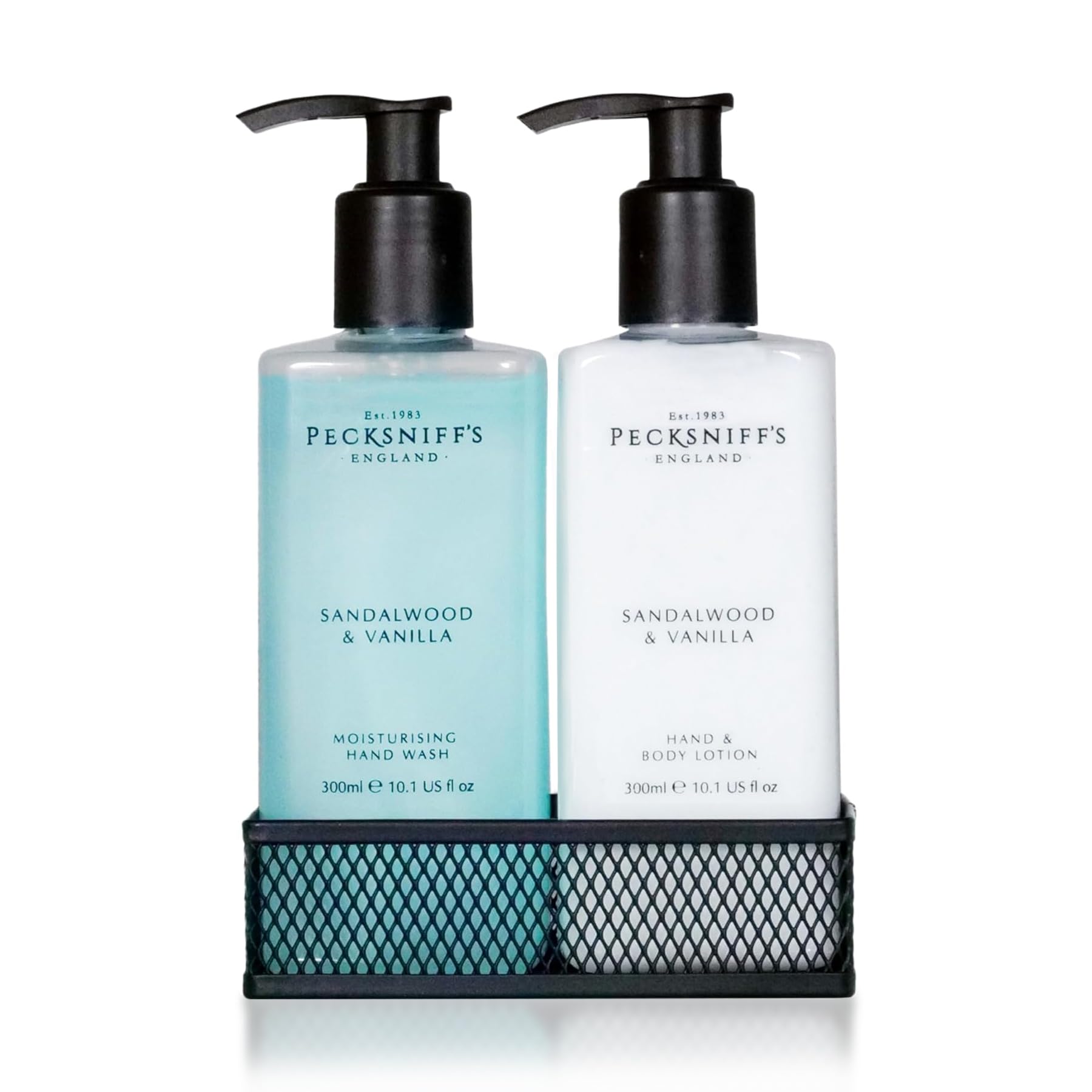Pecksniffs Kitchen Soap Dispenser Set, Moisturizing Liquid Hand Soap Lotion Set for Kitchen Sink Bathroom Countertop with Black Metal Mesh Caddy, 10.14 Fl oz (Sandalwood and Vanilla)