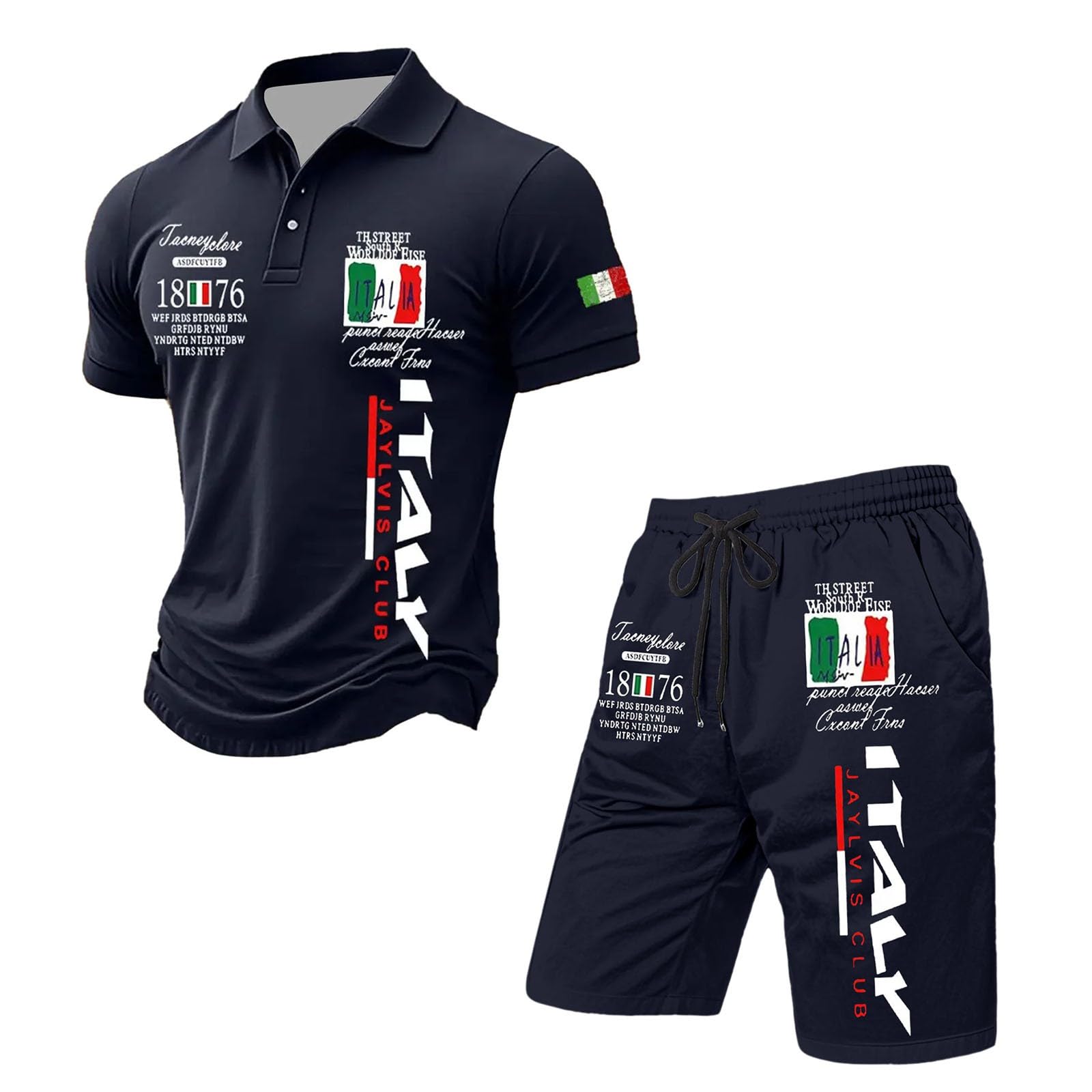 Herren Trainingsanzug 2 Teiler Italien Flagge Aufdruck Fußball Trikot Streetwear Sommer mit Shorts und Poloemd Set Jogginganzug Atmungsaktiv Dünn Sportanzug für Haushalt Sport Und Urlaub