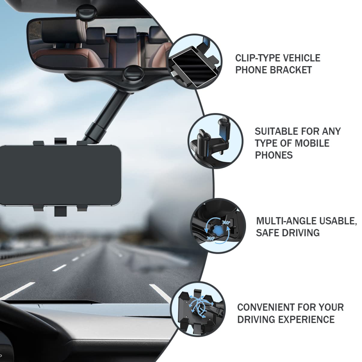 Gatuida Supporto per Telefono per Auto da Specchietto Retrovisore, Girevole, a Clip, in ABS e Colla PU, per Orientamento