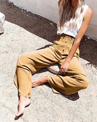 utcoco Womens Casual Cotton Linen High Waist Button Wide Leg Palazzo Pants4