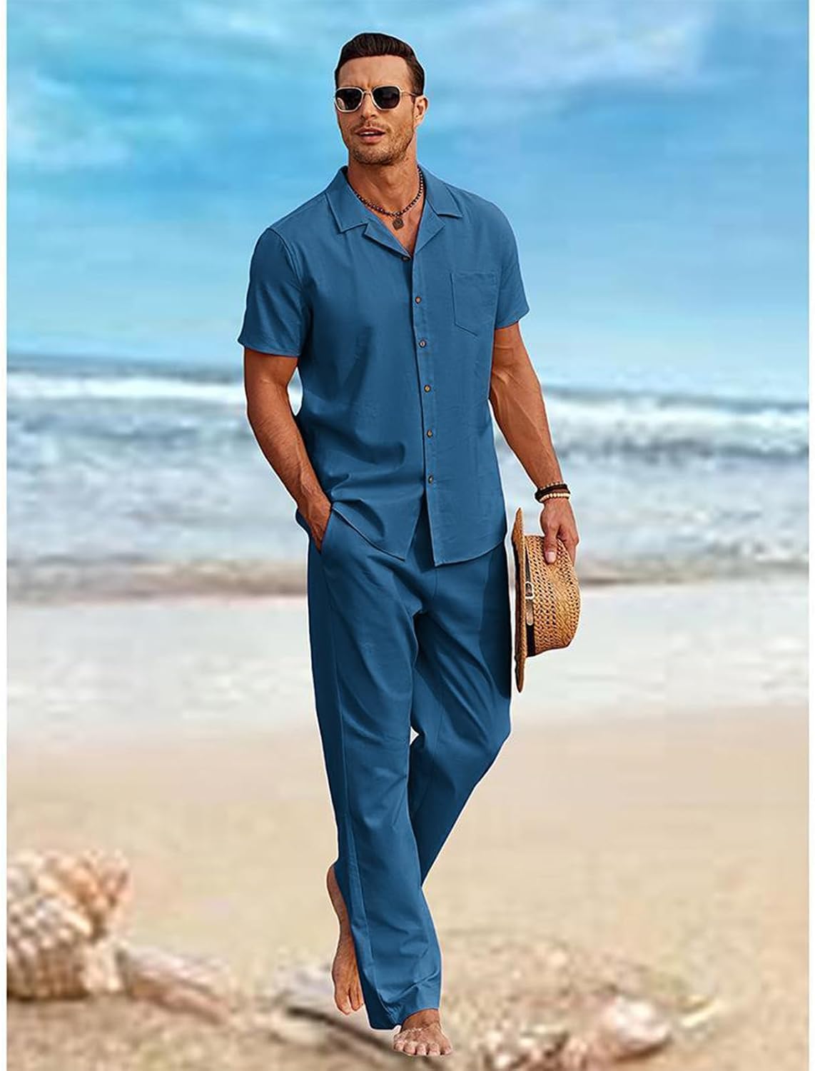 amropi Men's Summer 2 Pieces Outfits Short Sleeve Button Down Shirt Top and Pants Set Casual Tracksuit