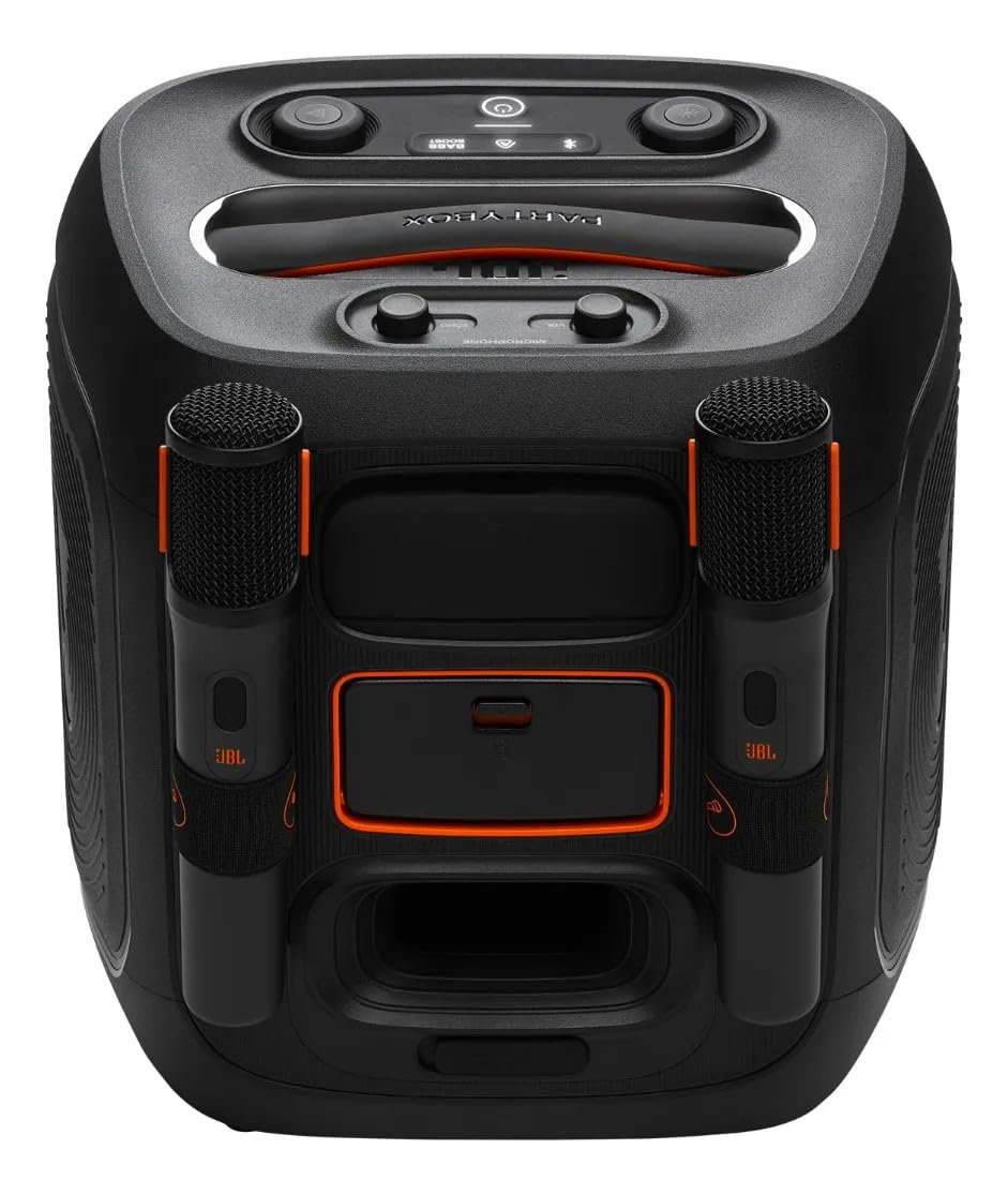 JBL, PartyBox Encore Essential 2 Micrófono Show Luz Bluetooth Portátil a Prueba de Salpicaduras, batería de hasta 15 h, JBL Pro Sound Boost, 100 W RMS