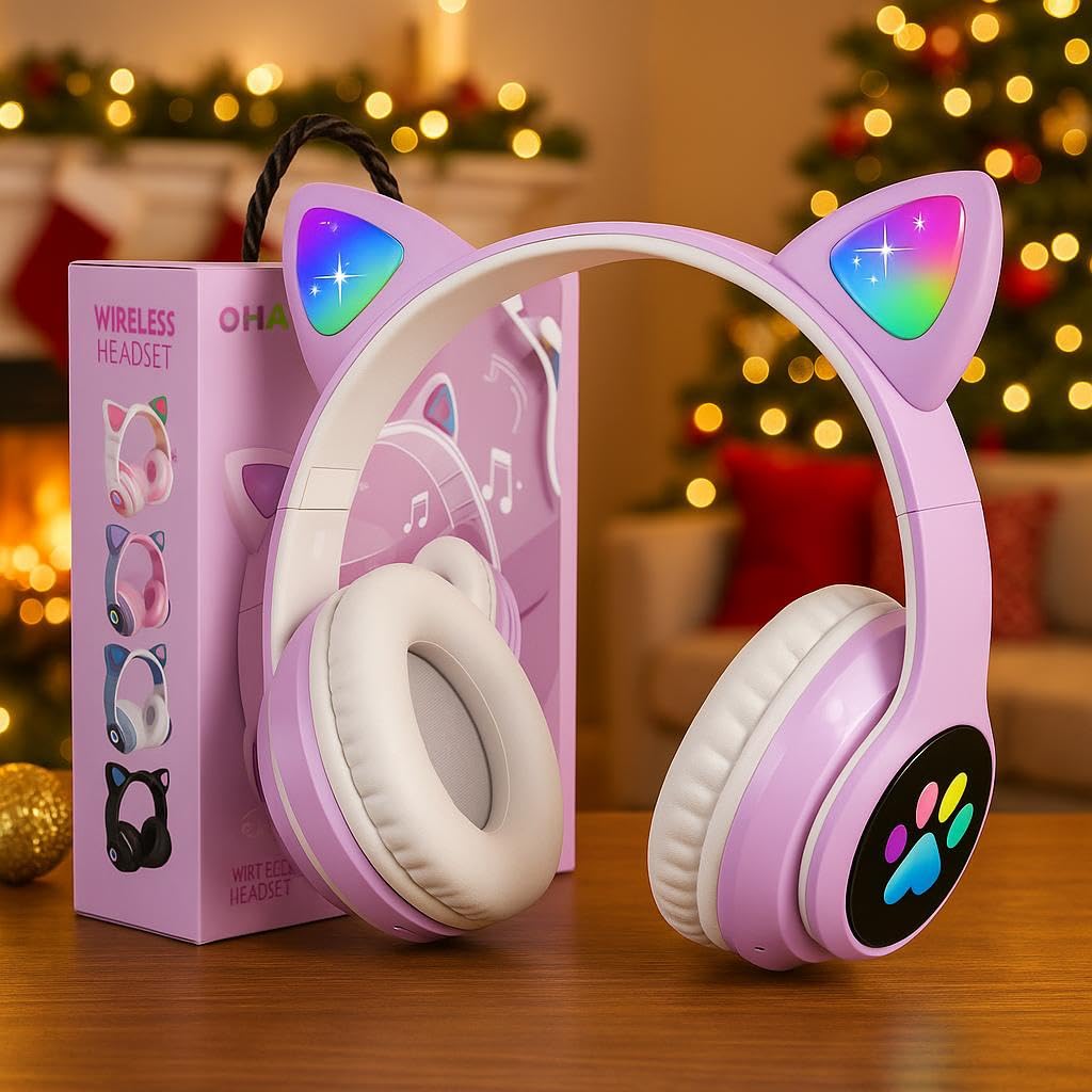 Bluetooth Noise Cancelling Headphones for Kids,Foldable Cat Headphone with LED Light Up Ear,Cat Ear Headphones for Toddler with Microphone/TF Card,Kids Bluetooth Headphones for ipad