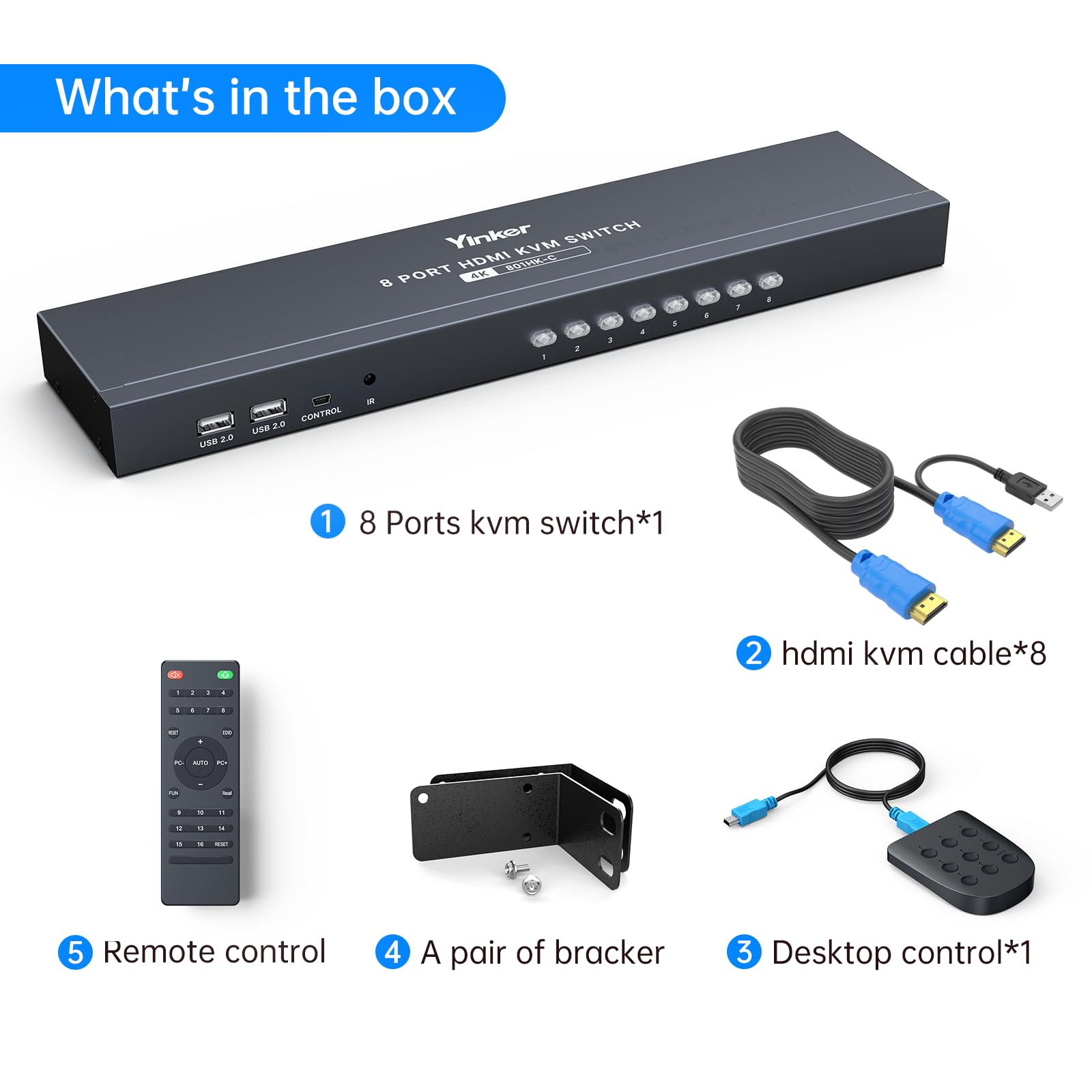 Conmutador KVM HDMI 8 Puertos Yinker 4K @ 30Hz Rack USB HDMI Consola KVM 8 en 1 Salida con 9 Cables 4 Hub USB 2.0 Selector de Escritorio Control Remoto IR y Orejas