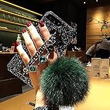 iPhone 7 Plus Case, iPhone 8 Plus Case, BabeMall Luxury Stylish DIY Handmade Bling Diamond Rhinestone Fur Plush Ball Strap Chain Case (Dark green)