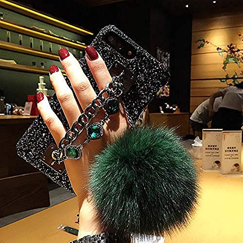 Babemall Comptible for iPhone 7 Plus / 8 Plus Case, Luxury Stylish DIY Handmade Bling Sequins Diamond Rhinestone Decoration Fur Ball Pendant Chain Hard PC Case (Dark Green)