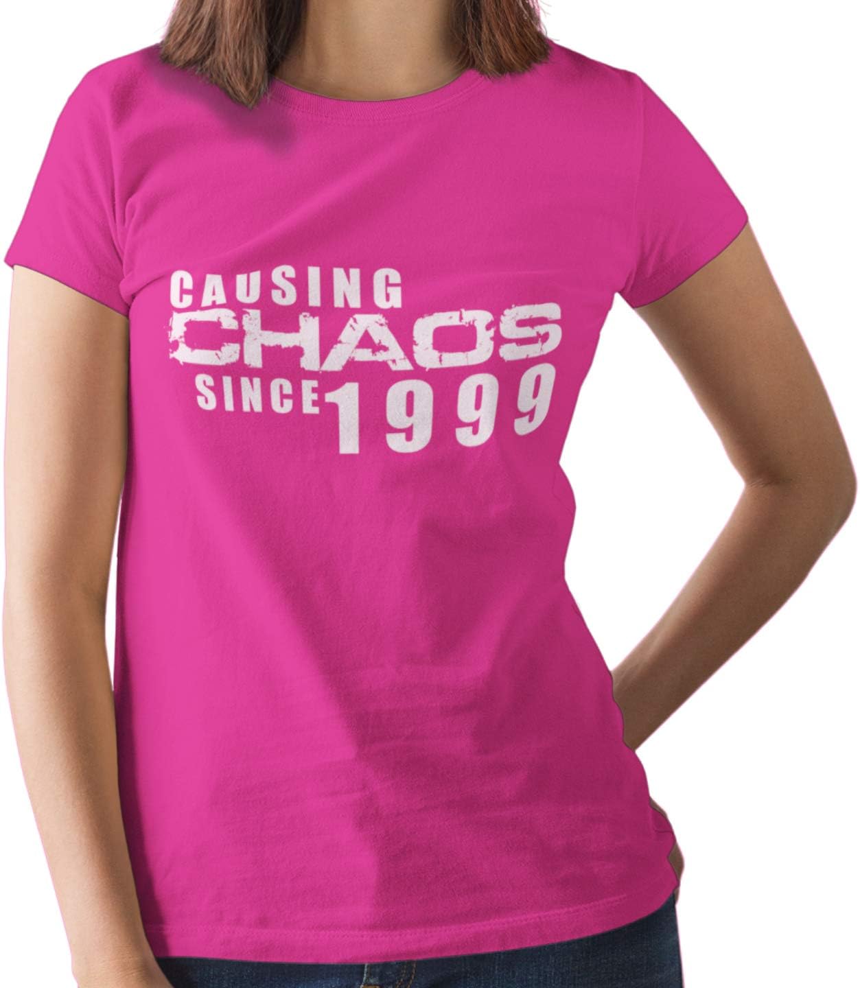 Mojo Clothing 21st Birthday Gifts for Her or Him, Causing Chaos, 21st Birthday T Shirt, Black & Pink S-2XL
