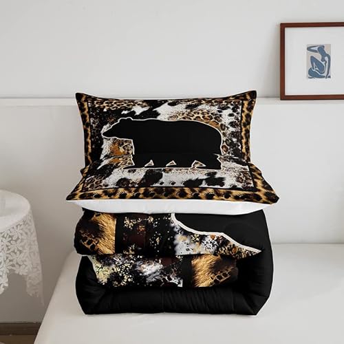 Feelyou Cow Fur Bedding Set Wild Animal Bear Comforter Set Boys Decor Nature Wildlife Leopard Print Comforter Rustic Cabin Country Black Duvet Set King Size Quilt Set #TOP4